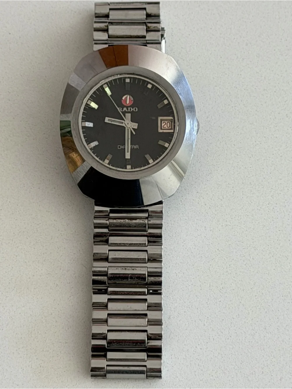 Rado Vintage Stainless Steel Watch with Black Dial and Red Logo